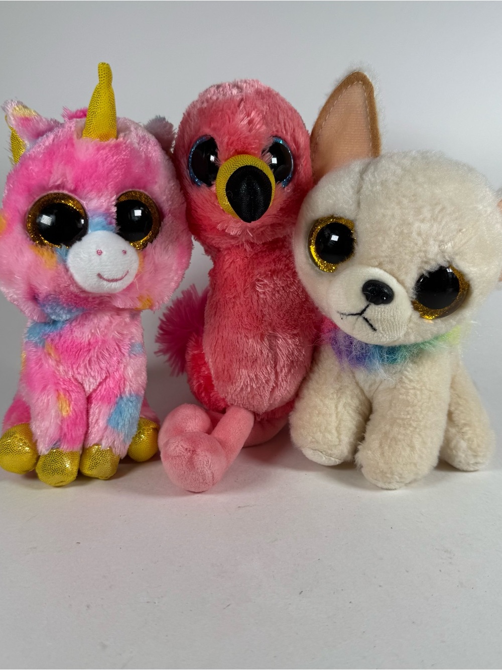 Ty Beanie Boos Lot Of 3 Chewey Chihuahua Dog Gilda Flamingo Fantasia Unicorn 6"